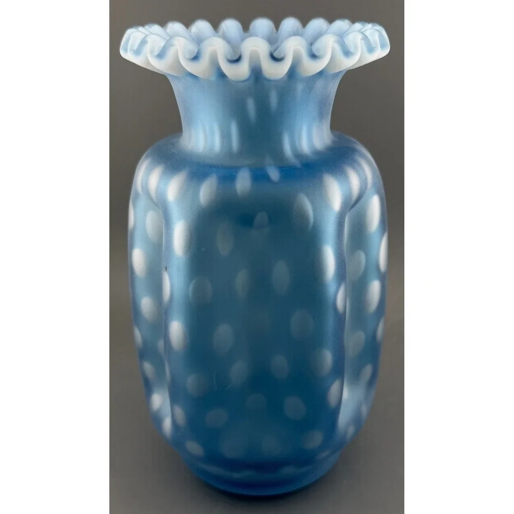 Vintage Fenton Vase Satin Blue Opalescent Optic Dot Pinch Crimped Rim 8